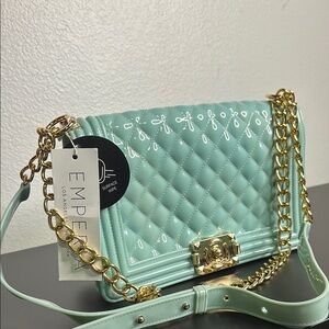 Green and Gold Quilted Crossbody Bag with Chain Strap